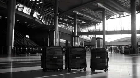 A striking black and white image of three sleek travel bags positioned in an empty airport terminal, showcasing modern architecture and shadows.の素材