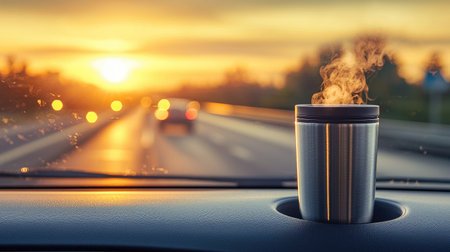 A steaming coffee mug rests on a car dashboard as the sun sets on a tranquil highway, capturing the essence of travel and relaxation in the golden hour.の素材