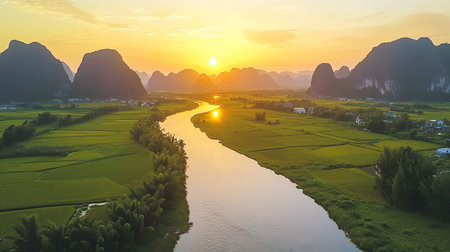 Captivating sunset view over a serene river flowing through lush green fields. Rolling hills enhance the tranquil landscape, perfect for nature lovers.の素材