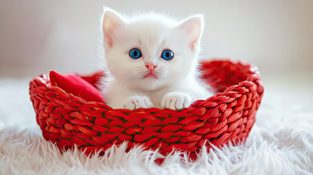 A charming white kitten with striking blue eyes sits in a vibrant red woven basket. Perfect for capturing the essence of cuteness and warmth in photography.の素材