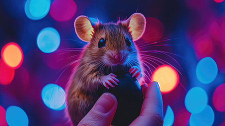 A charming mouse gently holds a small black egg in a human hand, set against a backdrop of vibrant, colorful lights that create a playful and festive atmosphere.の素材