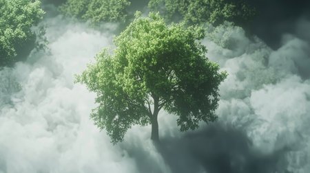 A solitary, lush green tree rises majestically above a sea of fog, creating a serene and enchanting atmosphere in this stunning natural landscape.の素材