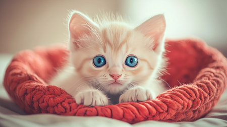 This charming kitten with bright blue eyes sits in a cozy basket, showcasing innocence and warmth. A delightful scene of pet comfort and affection.の素材