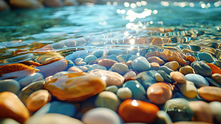A serene view of colorful pebbles resting beneath clear water, illuminated by sunlight. The vibrant colors and gentle ripples create a peaceful natural scene ideal for relaxation.の素材