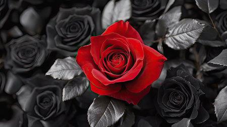 A stunning red rose stands out among dark flowers, creating a striking visual contrast. This composition symbolizes love and passion, ideal for artistic and romantic themes.の素材