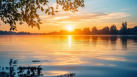 A stunning sunset casting vibrant reflections over a tranquil lake, framed by lush greenery. Perfect for evoking peace and natural beauty in any project.の素材