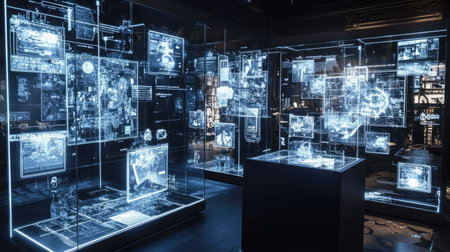 Explore a cutting-edge digital exhibit featuring holographic displays and interactive technology. Ideal for showcasing innovation and modern design in various contexts.の素材