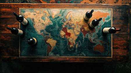 This captivating image features a vintage world map with wine bottles artfully arranged on a rustic wooden table. Perfect for themes of travel and celebration.の素材