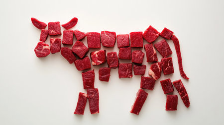 A unique food art composition featuring red meat pieces arranged to form the silhouette of a cow, showcasing the beauty of fresh ingredients and culinary creativity.の素材