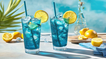Enjoy two refreshing blue lemonade drinks filled with ice and lemon slices, perfectly capturing summer vibes in a bright and colorful setting.の素材