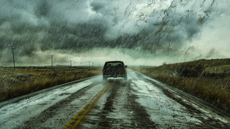 A vehicle navigates a rural road during a heavy rainstorm, surrounded by dark clouds and dramatic weather. The scene captures the mood of nature's fury.の素材