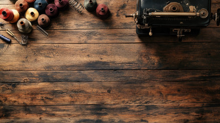 This image features a beautiful arrangement of vintage sewing supplies on a rustic wooden table, creating an inviting atmosphere for creativity and artistic expression.の素材