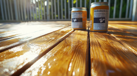 This vibrant image captures a close-up of a sunlit wooden deck, featuring beverage cans subtly reflecting the warmth of summer. Perfect for evoking a sense of relaxation.の素材