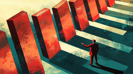 A businessman stands before a line of dominoes, illustrating the powerful connection between decisions and their consequences, emphasizing strategy and growth.の素材