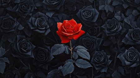 A stunning red rose stands out against a backdrop of black roses, creating a mesmerizing contrast. This visually striking image captures the essence of beauty in nature.の素材