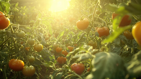 A vibrant tomato field bathed in golden sunlight at sunset, showcasing ripe vegetables surrounded by lush green foliage, symbolizing organic farming and nature's bounty.の素材