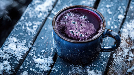 A cozy blue mug holds a warm beverage, with steam rising against a snowy wooden table, creating a serene winter atmosphere perfect for relaxation.の素材