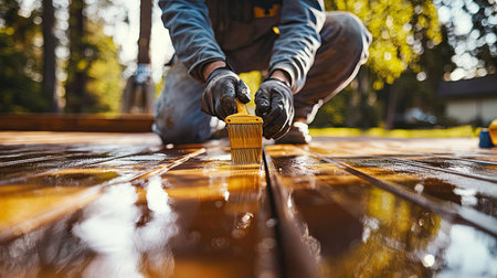 A person in gloves carefully applies wood stain to a deck using a yellow brush. The scene captures a beautiful outdoor setting with a focus on meticulous craftsmanship.の素材