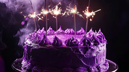 A striking purple cake adorned with sparkling candles, perfect for celebrations. This dessert captures the essence of joy and indulgence during festive occasions.の素材
