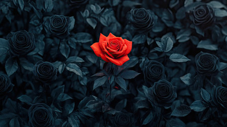 A striking image of a solitary red rose standing out amidst dark black roses. This moody composition captures the beauty and elegance of nature, showcasing vivid colors and contrast for a dramatic effect.の素材