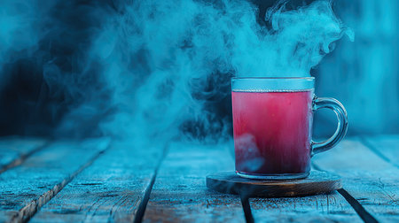 A visually captivating image of a steaming beverage in a clear glass mug, set against a rustic wooden table. The vibrant colors and ethereal steam evoke warmth and comfort.の素材