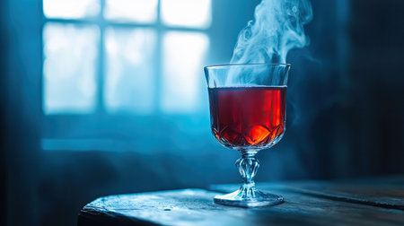 A beautifully styled glass of red hot beverage sits on a wooden table, enveloped in steam, creating a cozy and warm atmosphere ideal for intimate moments.の素材