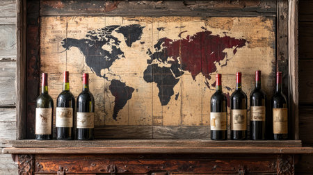 This vintage world map showcases a unique red and black design with elegant wine bottles lined beneath. Perfect for home, bar, or restaurant decor, it celebrates culture and exploration.の素材