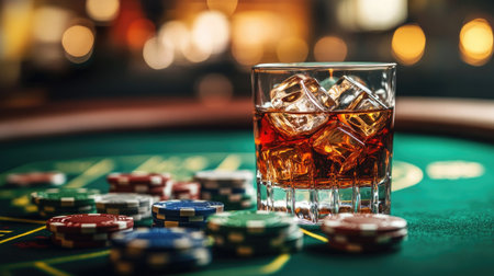 A captivating glass of whiskey on the rocks sits on a vibrant casino table adorned with colorful poker chips, embodying the essence of leisure and nightlife.の素材