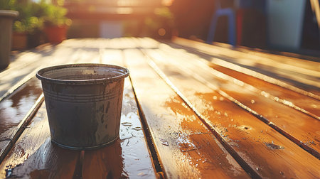 A peaceful outdoor scene featuring a metal bucket on a sunlit wooden deck, surrounded by reflections of light and water, evoking warmth and tranquility.の素材
