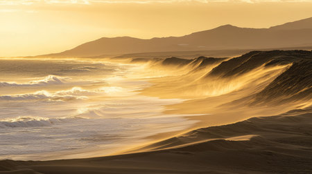A breathtaking view of ocean waves gently crashing onto golden sand dunes under a stunning sunset. The warm light creates a serene and tranquil atmosphere, perfect for nature lovers.の素材