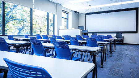 Bright and modern classroom featuring rows of blue chairs and tables, large windows allowing natural light, ideal for seminars, training sessions, and educational environments.の素材