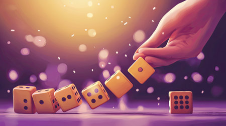 A hand delicately releases yellow dice against a blurred background filled with a soft bokeh effect. The vibrant colors convey excitement and gambling fun.の素材