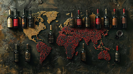This artistic representation features a world map made of wine bottles and decorative ingredients, perfect for showcasing wine culture in a unique way.の素材