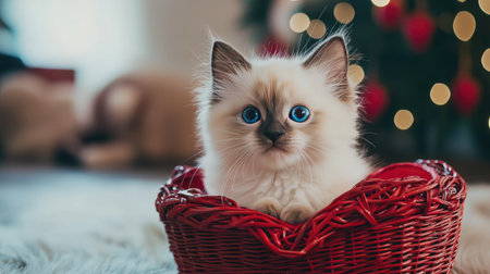 A charming kitten with blue eyes rests in a red basket, creating a cozy holiday atmosphere. This adorable pet captures hearts with its playful spirit.の素材
