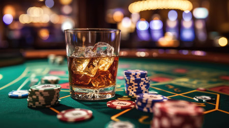 A vivid scene of a glass of whiskey with ice placed on a casino table surrounded by colorful poker chips, evoking excitement and leisure of gambling nights.の素材