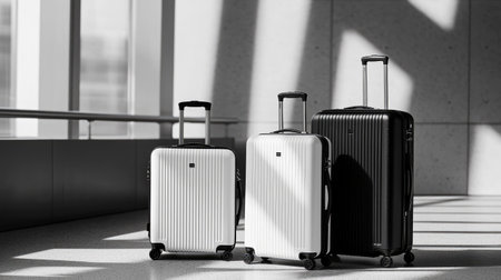A sleek and modern luggage set in black and white displayed at an airport terminal, capturing the essence of travel elegance and functionality. Perfect for any journey.の素材