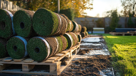 A close-up view of freshly laid turf rolls stacked on wooden pallets in an outdoor garden setting, ready for installation in a vibrant landscape.の素材