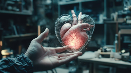 A stunning representation of a heart held in an open hand, showcasing the blend of art and technology. This image conveys deep emotions, health, and human connection.の素材