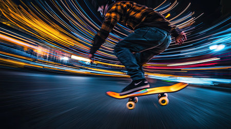 A skateboarder captures the thrill of urban nightlife, showcasing dynamic movement and colorful light trails. Ideal for sport and action themes.の素材