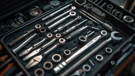 This image showcases a neatly organized collection of hand tools within a toolbox, ideal for mechanics and DIY enthusiasts. The variety of tools includes wrenches, pliers, and sockets, emphasizing efficiency and precision.の素材