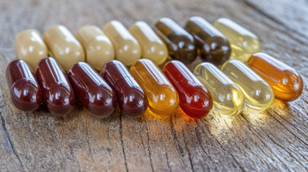 A collection of colorful dietary supplements arranged neatly on a rustic wooden surface, showcasing various shapes and colors of capsules that promote health and wellness.の素材