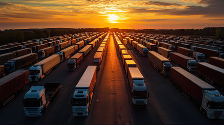 An aerial view of numerous trucks parked in neat rows during sunset, highlighting the vibrant colors of the sky. Ideal for logistics and transportation themes.の素材