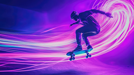 A skateboarder performs an impressive trick in a vibrant neon setting, creating dynamic light trails. This energetic scene captures the essence of urban sports and youth culture.の素材