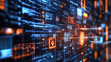 This image showcases a futuristic digital interface featuring vibrant blue and orange neon elements with complex data visualizations and network connections.の素材