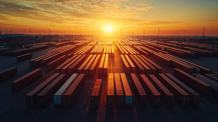Expansive aerial view captures rows of shipping containers in a distribution yard at sunset, highlighting industrial landscape and vibrant colors.の素材