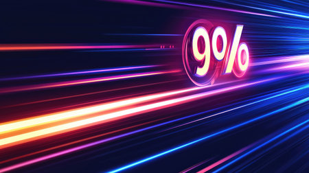 This vibrant abstract background features a glowing 9 percent sign, symbolizing discounts and promotions. The motion and bright colors create an energetic and modern visual.の素材