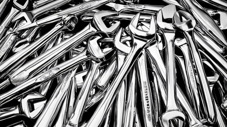 A close-up view of shiny metal wrenches piled together in a workshop setting, showcasing their reflective surfaces and intricate details, perfect for industry-related projects.の素材