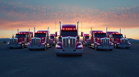 A striking display of red trucks lined up against a stunning sunrise backdrop, showcasing powerful vehicles ready for the open road. Perfect for transport themes.の素材