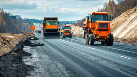 Heavy construction vehicles perform asphalt work on a highway, showcasing an active road upgrade amidst a scenic landscape with trees in the background.の素材