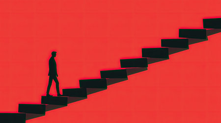 A striking silhouette of a man ascending black stairs against a vivid red background, symbolizing motivation, progress, and the challenges of personal growth.の素材